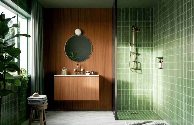 houten afwerking van Shinnoki in een groene badkamer